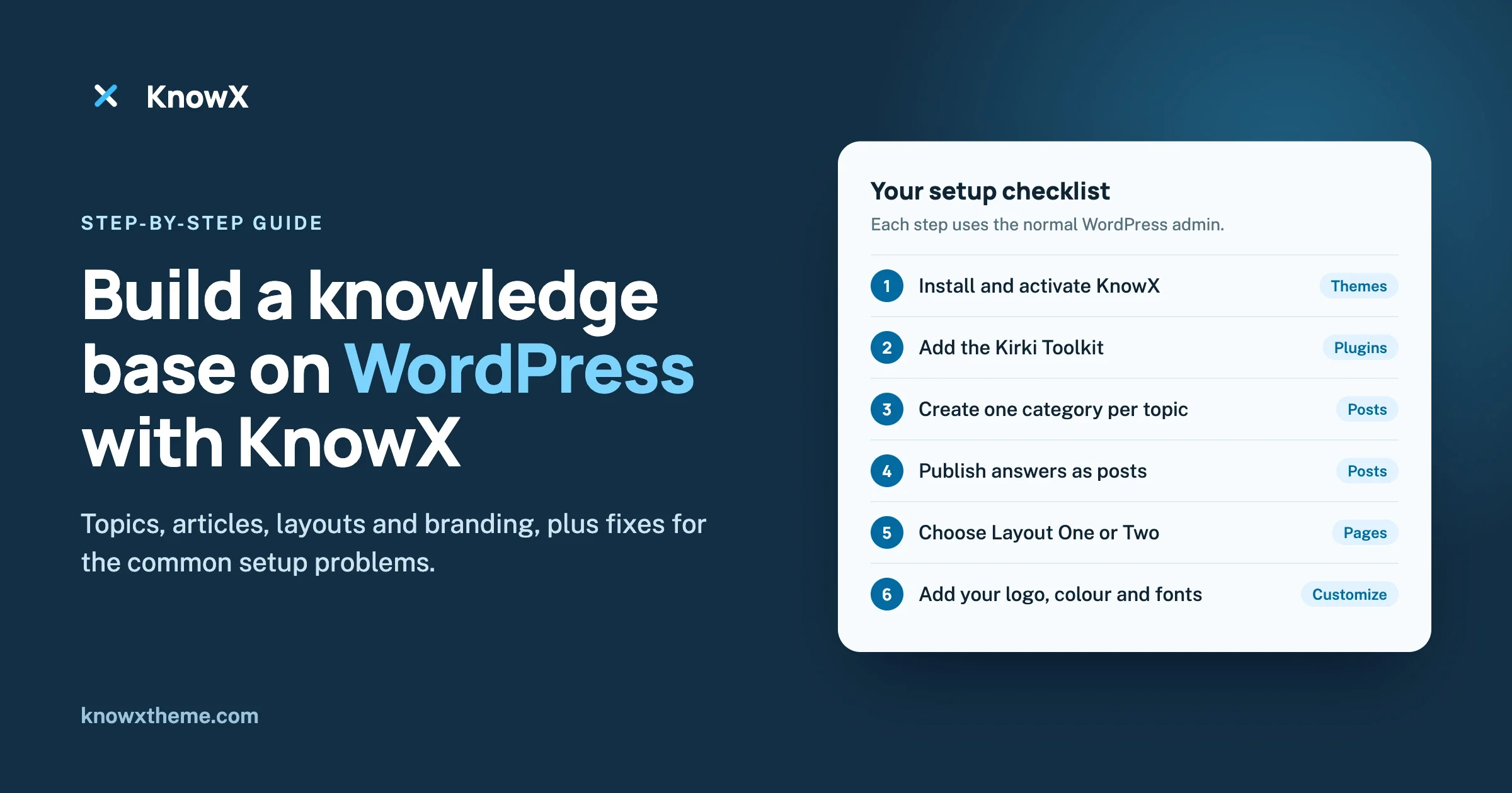 Build a knowledge base on WordPress with KnowX: a six-step setup checklist from installing the theme to adding your logo, colour and fonts