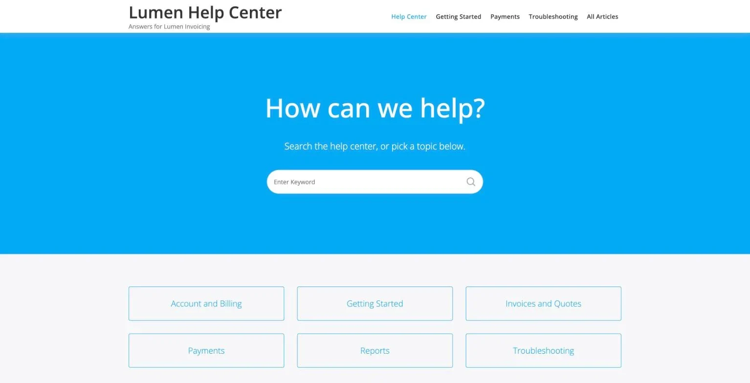 A KnowX Layout One home page: a blue hero asking How can we help, a search box, and six topic tiles