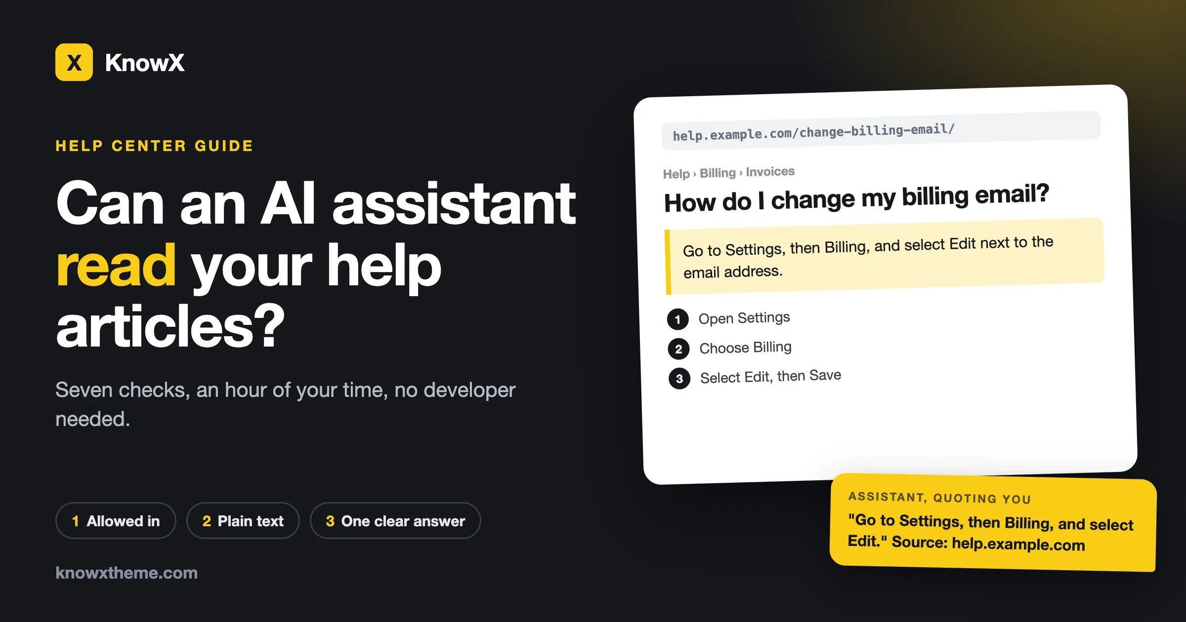 A help article with the answer highlighted in its first sentence, and an AI assistant quoting that sentence with the source