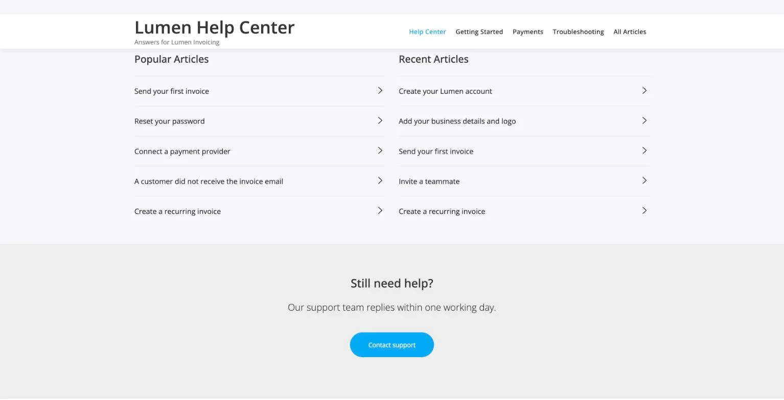 Popular and recent article lists above a support section with a Contact support button