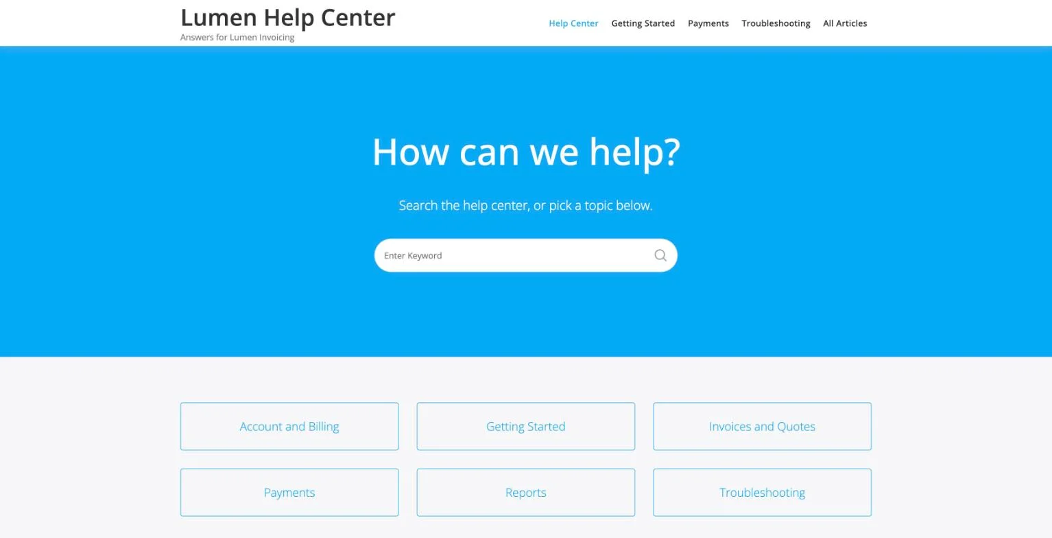 A KnowX help center home page with a blue search hero and six topic tiles