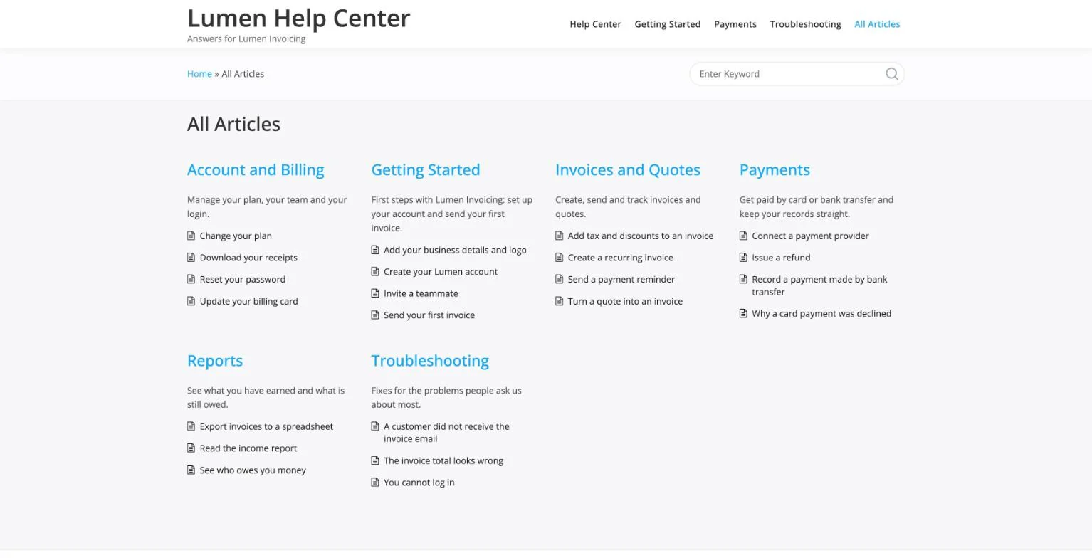 A KnowX page listing six topics with their articles under each topic